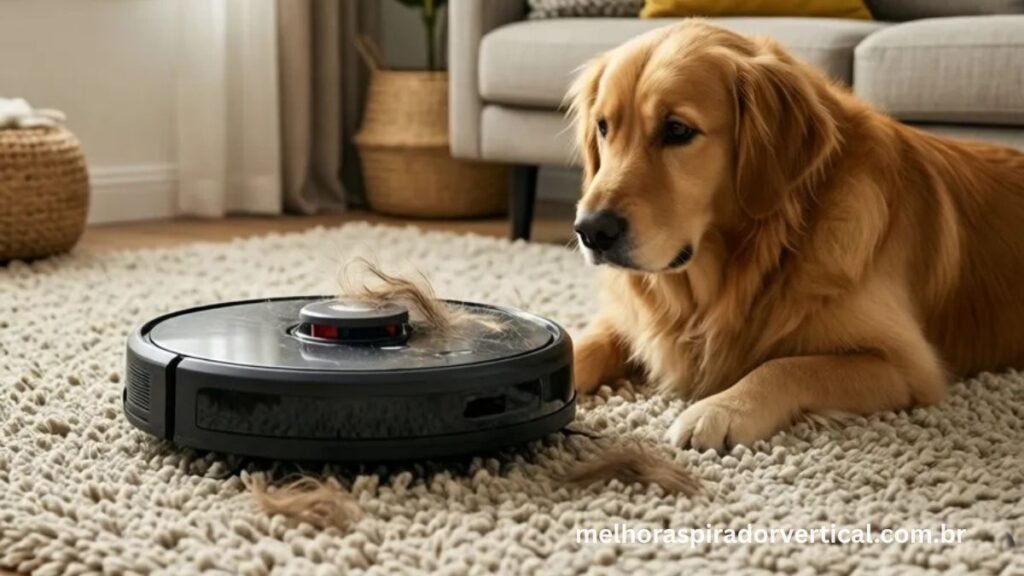 : Robô aspirador coletando pelos de cachorro em tapete enquanto o pet observa curiosamente ao lado