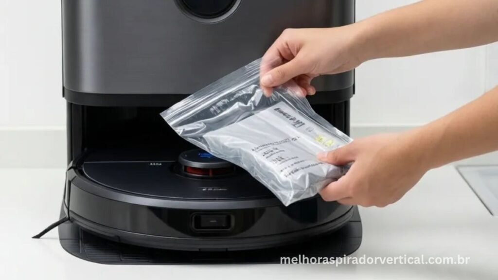 Mãos trocando saco descartável da Clean Base do Roomba i7+ sem contato com sujeira ou alérgenos