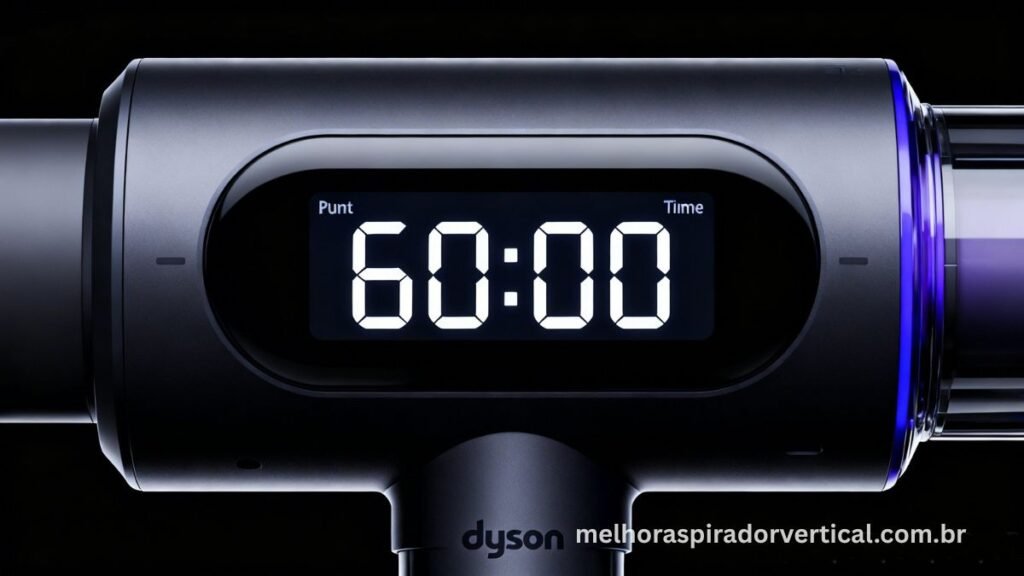 Display LCD do Dyson V11 Absolute mostrando tempo exato restante de bateria em minutos e segundos