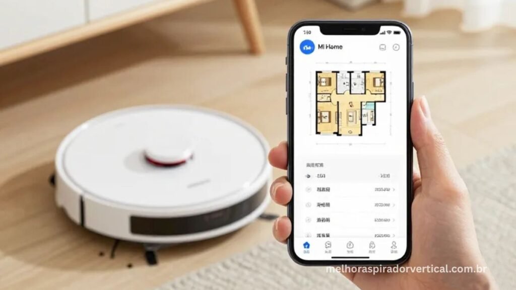 Smartphone com app Mi Home exibindo mapa do apartamento com cômodos nomeados, zonas restritas e agendamento de limpeza do Xiaomi S20 