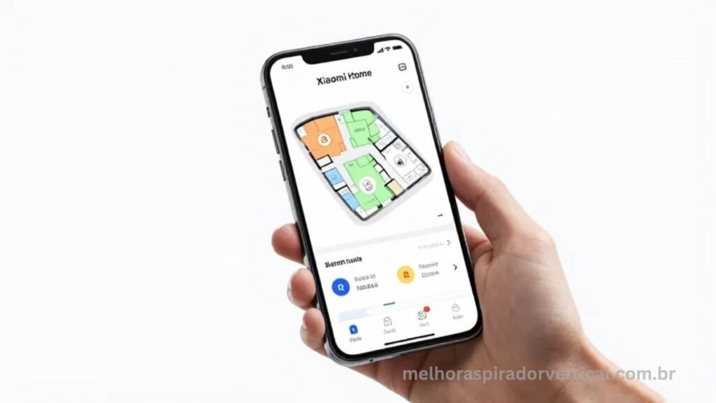 Smartphone exibindo app Xiaomi Home com mapa 3D da casa, cômodos nomeados, zonas proibidas e configurações de limpeza por área