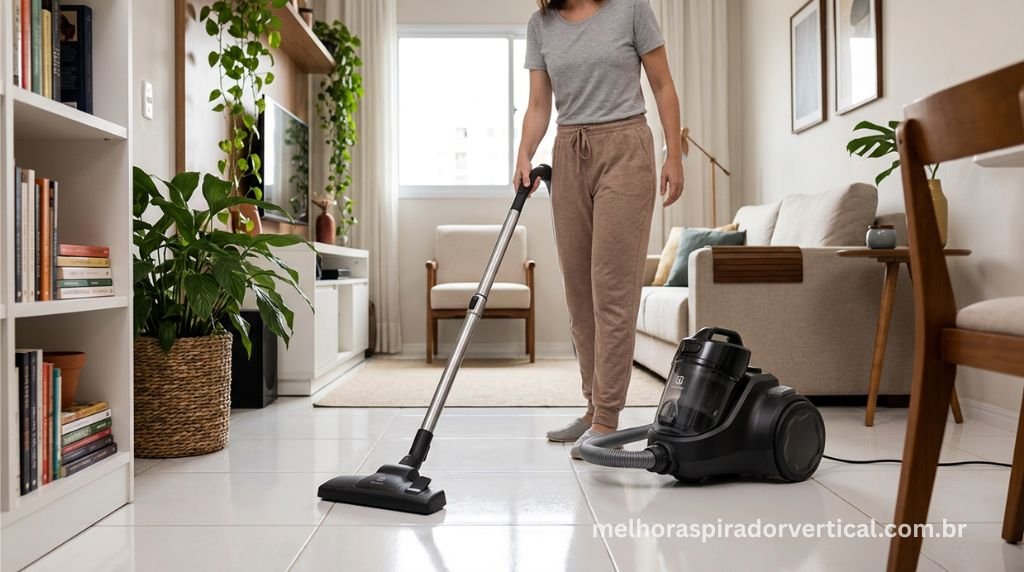 Aspirador Electrolux Easy Box EAS30 em uso limpando um piso de cerâmica branca 