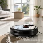 Philco PAS26P robô aspirador preto 3 em 1 limpando piso de porcelanato em sala moderna com função MOP ativada