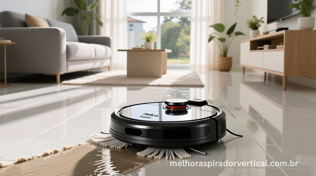Philco PAS26P robô aspirador preto 3 em 1 limpando piso de porcelanato em sala moderna com função MOP ativada