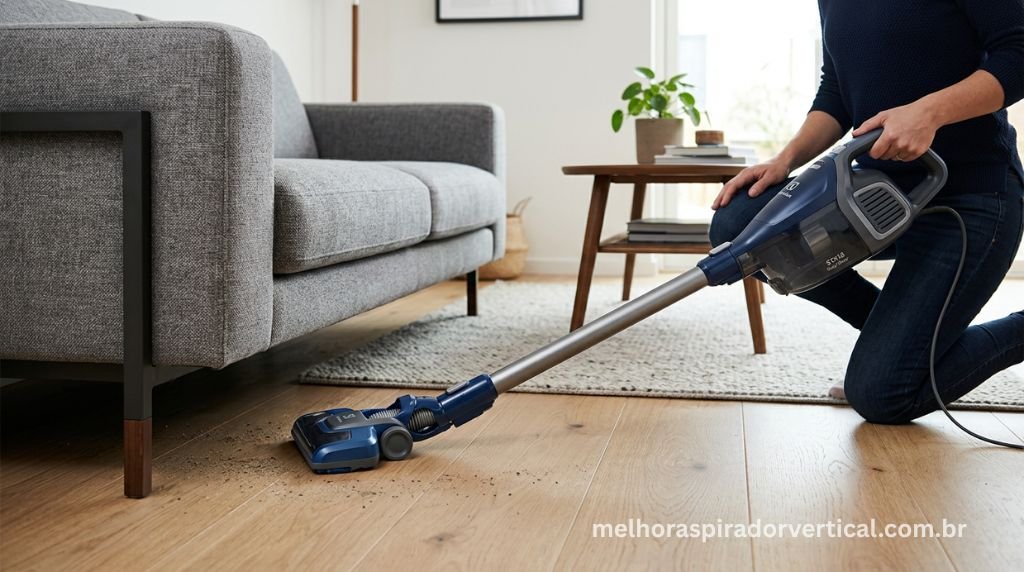Bocal 180° Easy Steer do Electrolux STK15 limpando sob sofá de frente demonstrando alcance excepcional