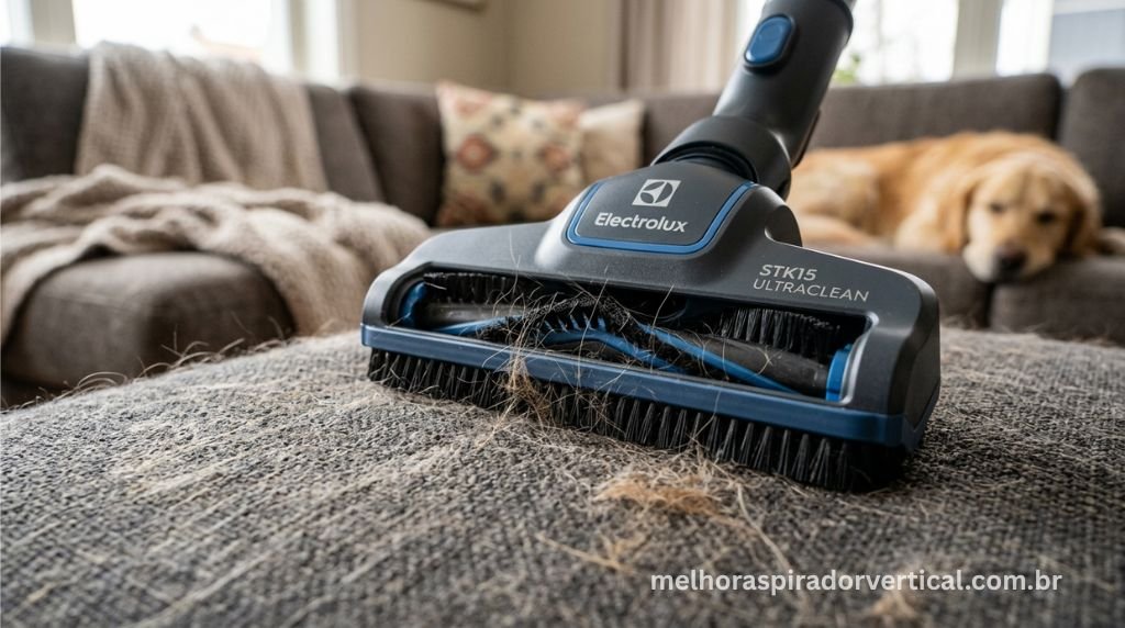 Bocal UltraClean 2 em 1 do Electrolux STK15 em modo escova removendo pelos de cachorro de sofá de tecido cinza