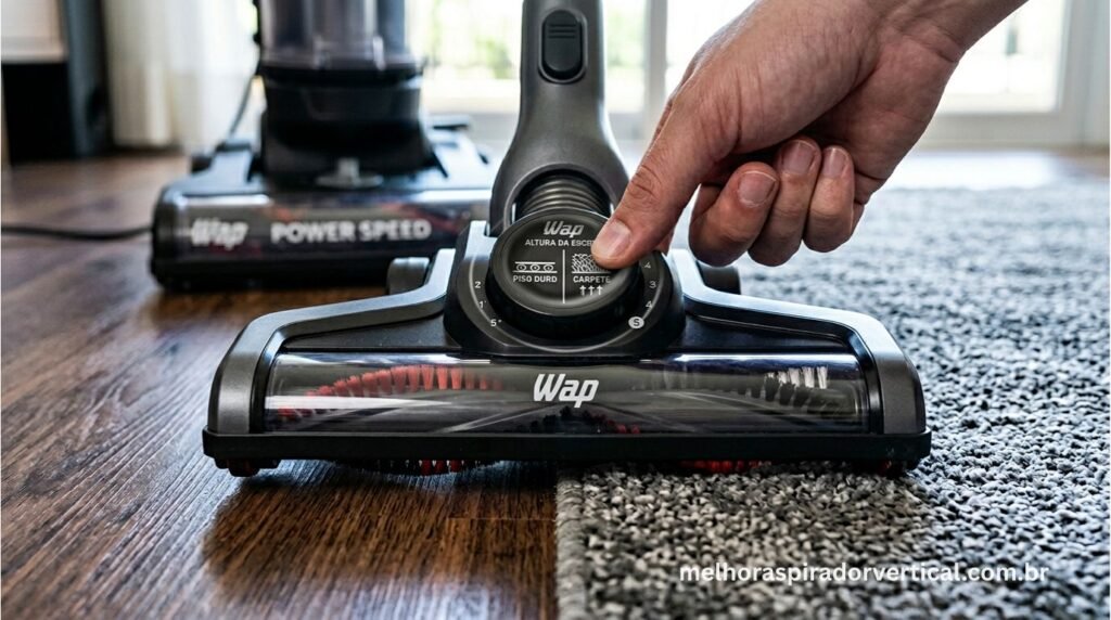 Botão de ajuste de altura da escova do WAP Power Speed sendo acionado para adaptação entre piso duro e tapete P