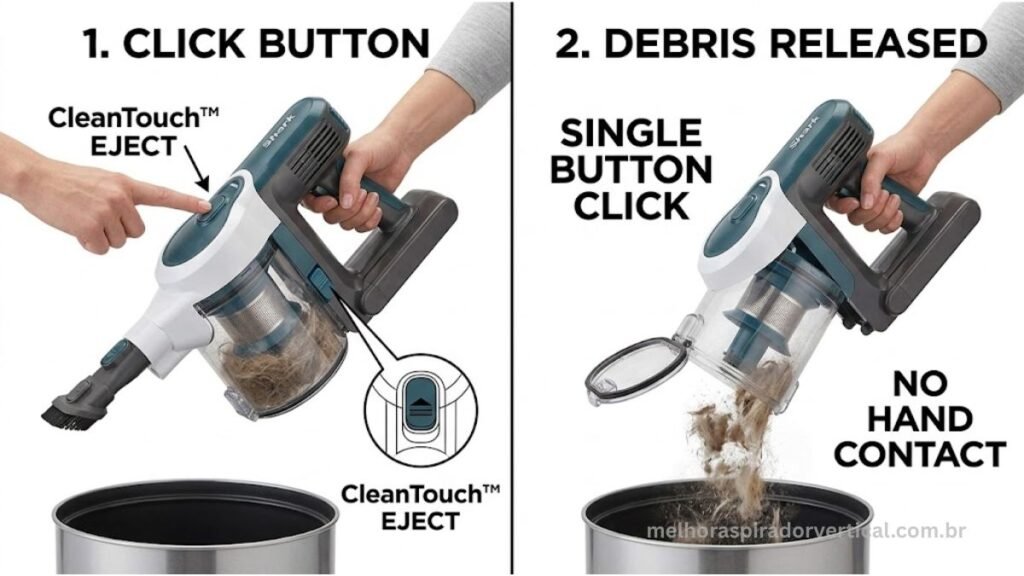 Sistema CleanTouch do Shark Pet Pro ejetando pelos e sujeira do reservatório com um clique sem contato manual