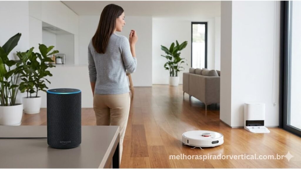 Pessoa usando comando de voz com Amazon Alexa para acionar o Xiaomi S40 em sala de estar moderna