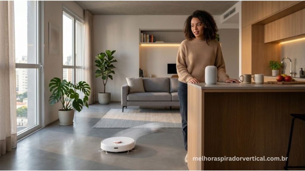 Pessoa dando comando de voz ao Google Assistant para iniciar limpeza do Xiaomi S20 em apartamento moderno