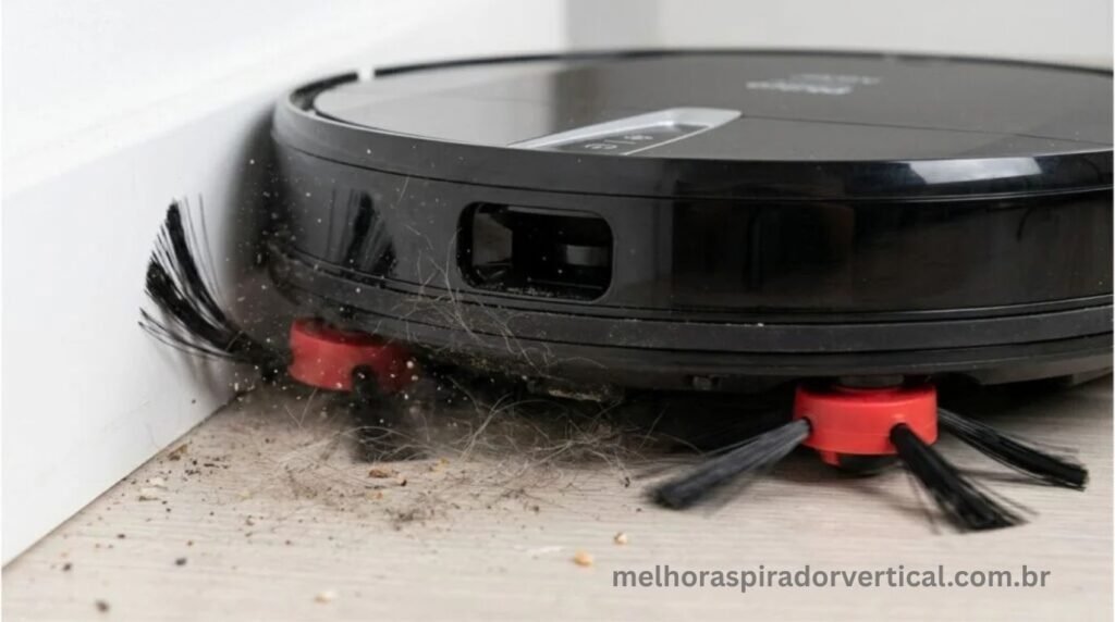 As duas escovas laterais giratórias do Philco PAS26P varrendo sujeira de canto e rodapé em direção à sucção central