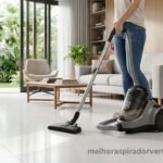 Electrolux Easy Box EAS30 aspirador horizontal cinza e preto 1600W em uso em sala com piso de porcelanato