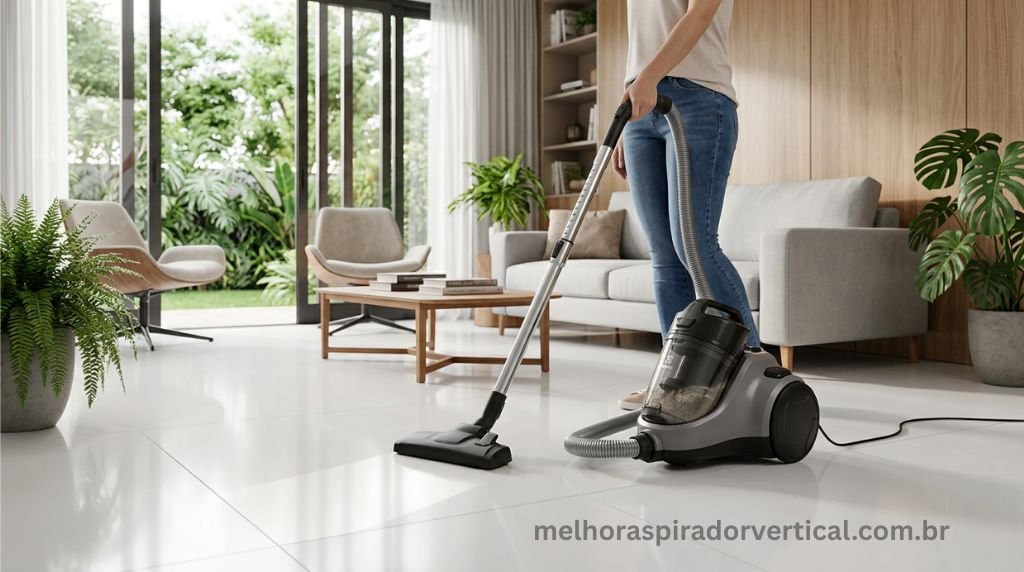 Electrolux Easy Box EAS30 aspirador horizontal cinza e preto 1600W em uso em sala com piso de porcelanato