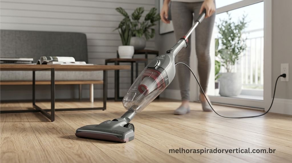 Electrolux STK15 PowerSpeed Ultra cinza urbano 1450W sendo usado em piso de madeira em apartamento moderno