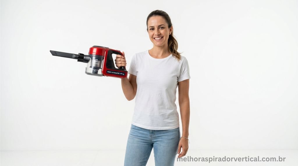 Pessoa segurando o Electrolux STK15 com uma mão demonstrando o peso de apenas 1,91 kg em modo portátil