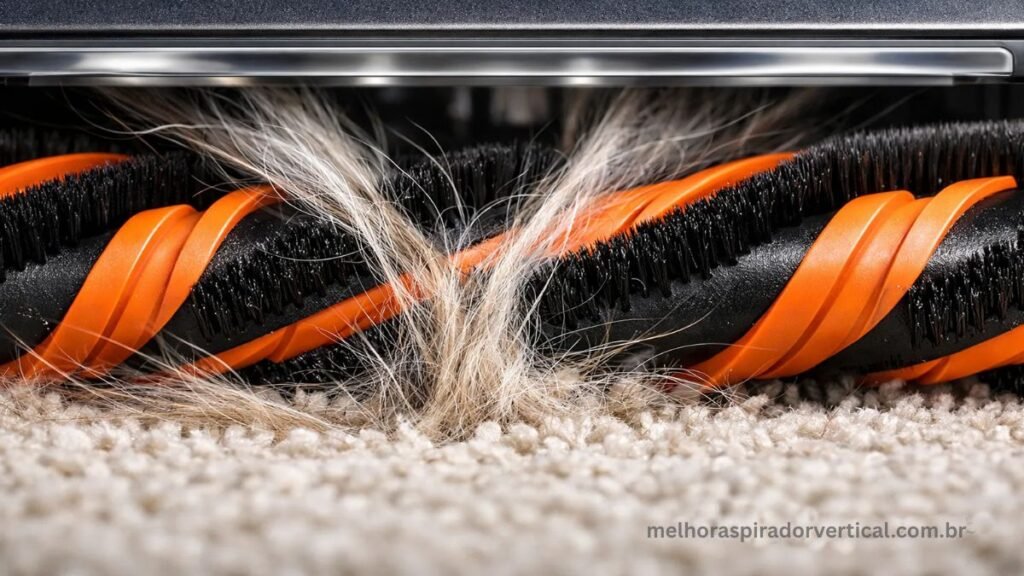 Close-up da escova PowerFins do Shark Pet Pro coletando pelos de cachorro e gato sem enrolar no eixo da escova