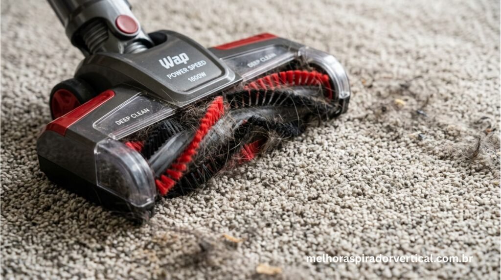 Escova rotativa elétrica do WAP Power Speed penetrando nas fibras de tapete removendo pelos e sujeira incrustada