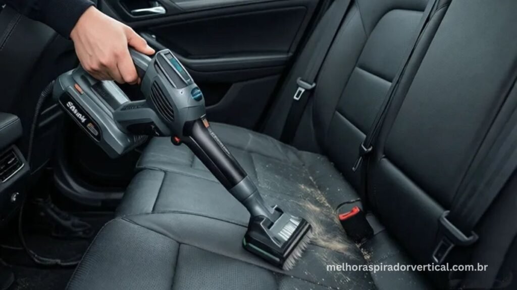 Shark Cordless Pet Pro em modo portátil limpando pelos de pet do assento traseiro de carro com ferramenta multifuncional