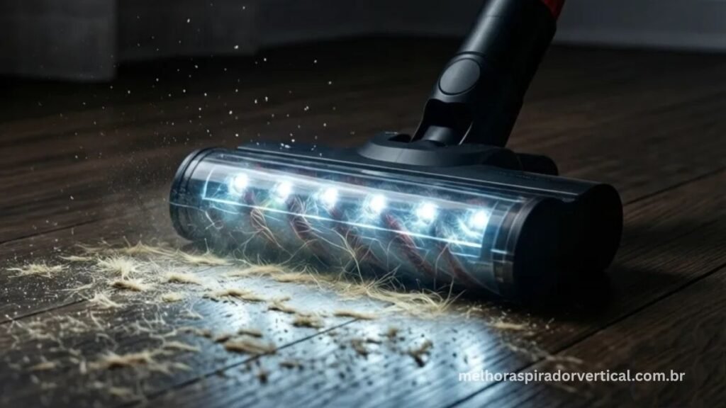 Luzes LED do bocal do Shark Pet Pro iluminando pelos e poeira escondidos em piso escuro de sala