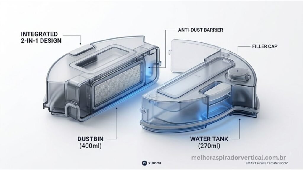 Reservatório 2 em 1 do Xiaomi S20 com compartimento de pó de 400ml e tanque de água de 270ml removido para demonstração