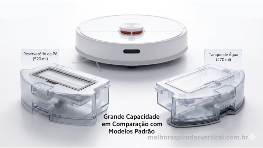 Reservatório de 520ml e tanque de água de 270ml do Xiaomi S40 removidos para manutenção, mostrando capacidade generosa para a categoria