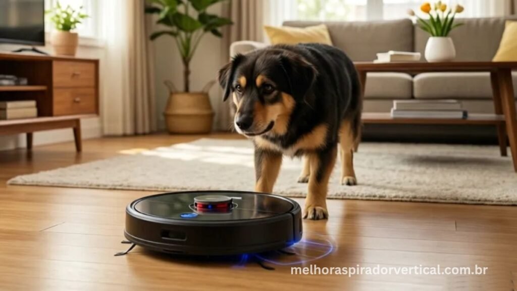 Roborock S7MaxV limpando sala com cachorro presente, sistema ReactiveAI 2.0 detectando e desviando de dejetos de animal de estimação
