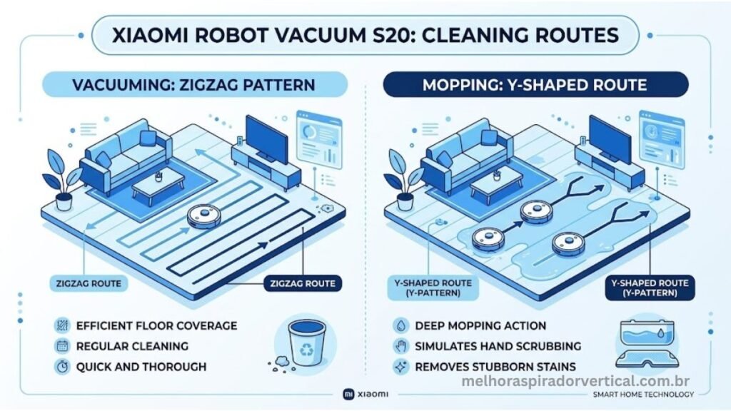 Ilustração das rotas de limpeza do Xiaomi S20 em zigue-zague para aspiração e formato Y para esfregão simulando limpeza manual