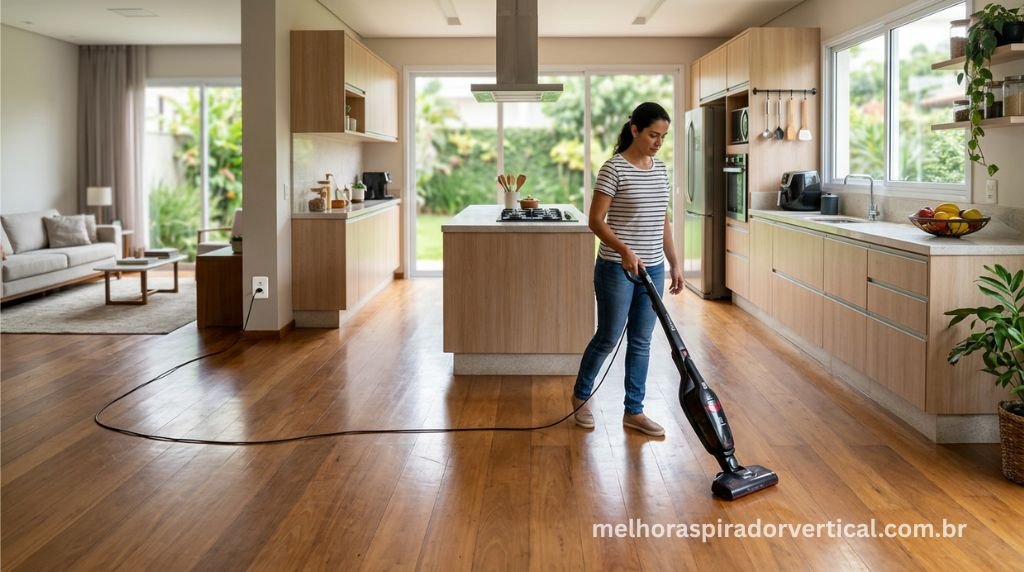 Aspirador Electrolux STK15 com cabo de alimentação de 6 metros limpando uma ampla cozinha brasileira com piso de madeira