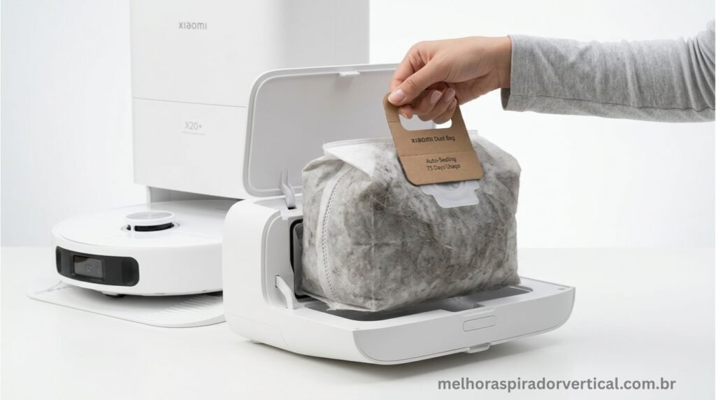 Saco descartável de 2,5 litros da estação base do Xiaomi X20+ sendo removido após 75 dias de uso sem contato com poeira 