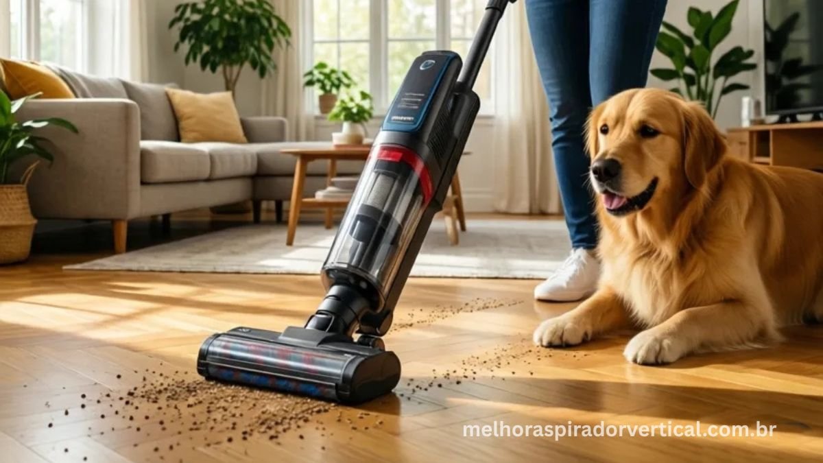 Shark Cordless Pet Pro Bivolt em uso em sala com cachorro, removendo pelos do piso com escova PowerFins autolimpante