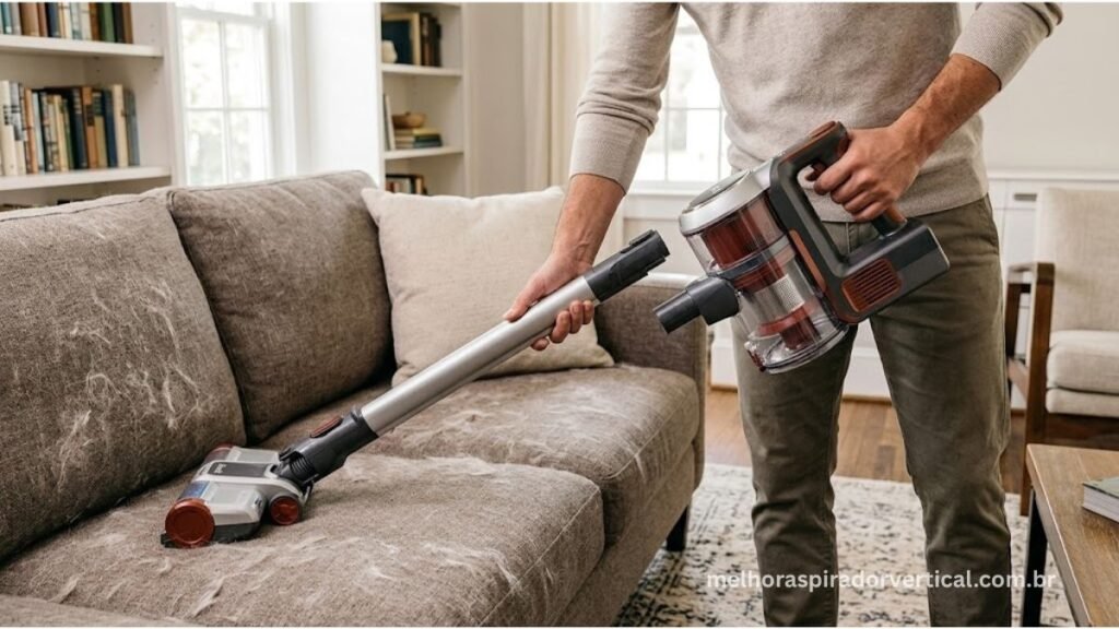 Shark Cordless Pet Pro sendo convertido de aspirador vertical para aspirador de mão portátil para limpeza de sofá com pelos de pet 