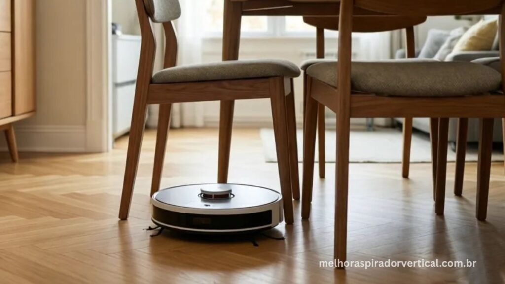 Xiaomi S20 com diâmetro compacto de 325mm navegando facilmente entre pernas de cadeiras e móveis em sala de jantar 