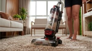 WAP Power Speed 2 em 1 aspirador vertical preto e vermelho 2000W em uso em sala com tapete