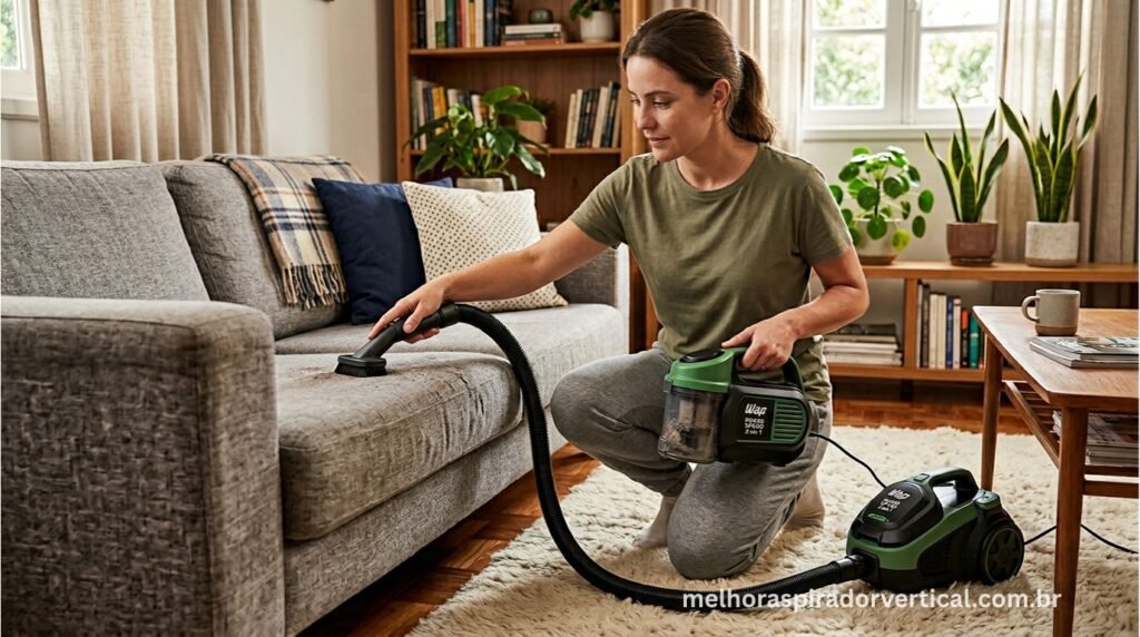 WAP Power Speed em modo portátil com mangueira extensível limpando estofado de sofá com bico específico para estofados