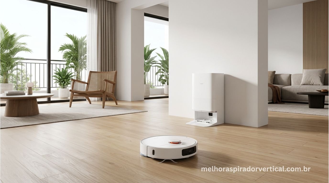 Xiaomi Robot Vacuum X20+ branco em sala moderna com estação base multifuncional ao fundo carregando e limpando automaticamente