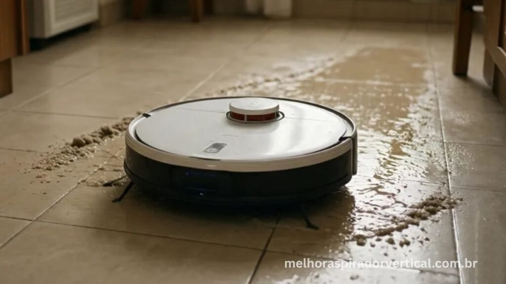 Xiaomi S40 aspirando e passando pano simultaneamente em piso de cerâmica, com trilha úmida visível atrás do robô