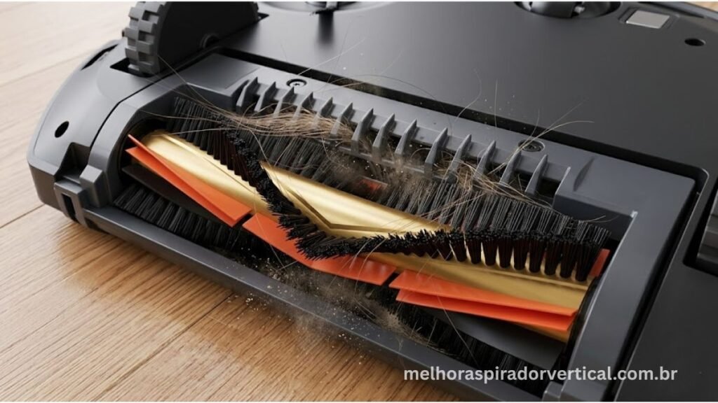 Close-up da escova principal em V dourado do Xiaomi S40 com sistema antiemaranhamento coletando pelos e cabelos sem enrolar