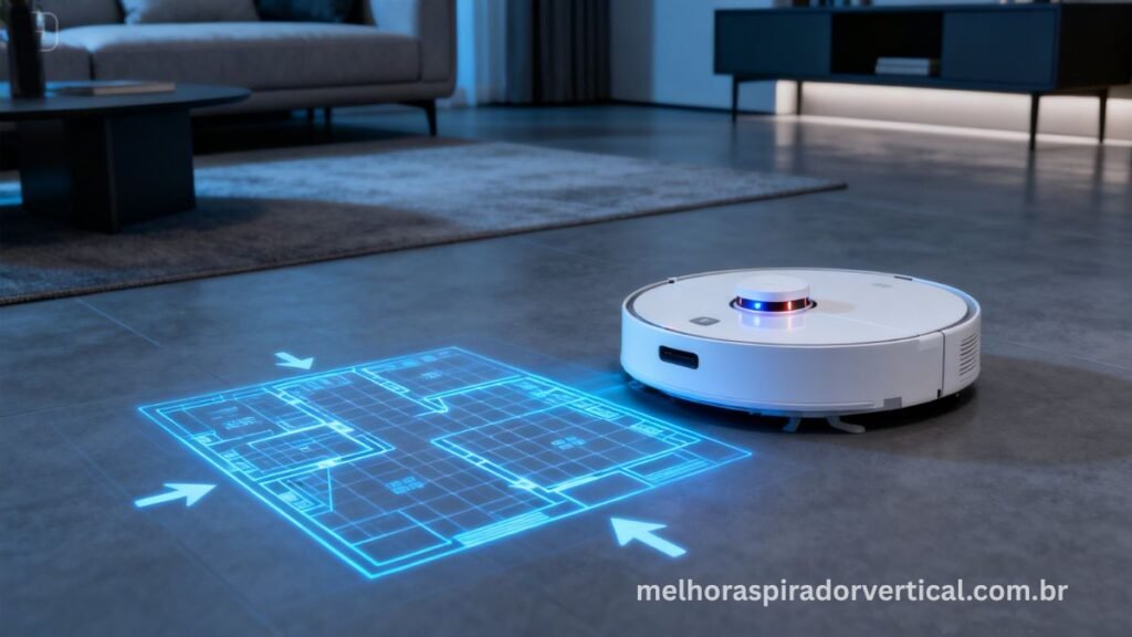 Xiaomi S40 mapeando sala com tecnologia LDS laser em 360 graus, gerando mapa 3D preciso do ambiente