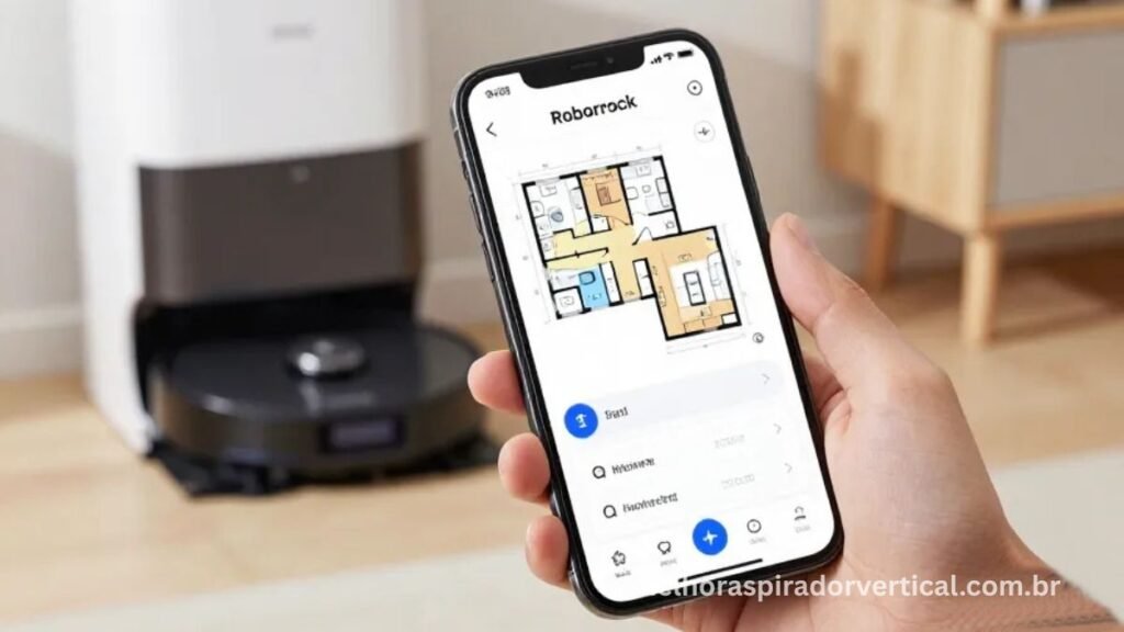 Smartphone com app Roborock mostrando mapa detalhado da casa com cômodos nomeados, zonas de limpeza e configurações independentes de esfregão por ambiente