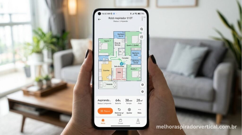 Tela do app Xiaomi Home mostrando mapa detalhado da casa criado pelo sensor laser LDS do Robot Vacuum X20+ com zonas de limpeza definidas
