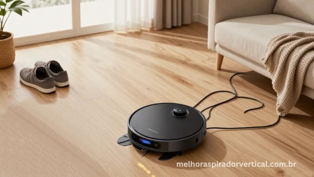 Câmera frontal dupla do Roborock S7MaxV identificando e desviando de obstáculos no chão com tecnologia ReactiveAI 2.0