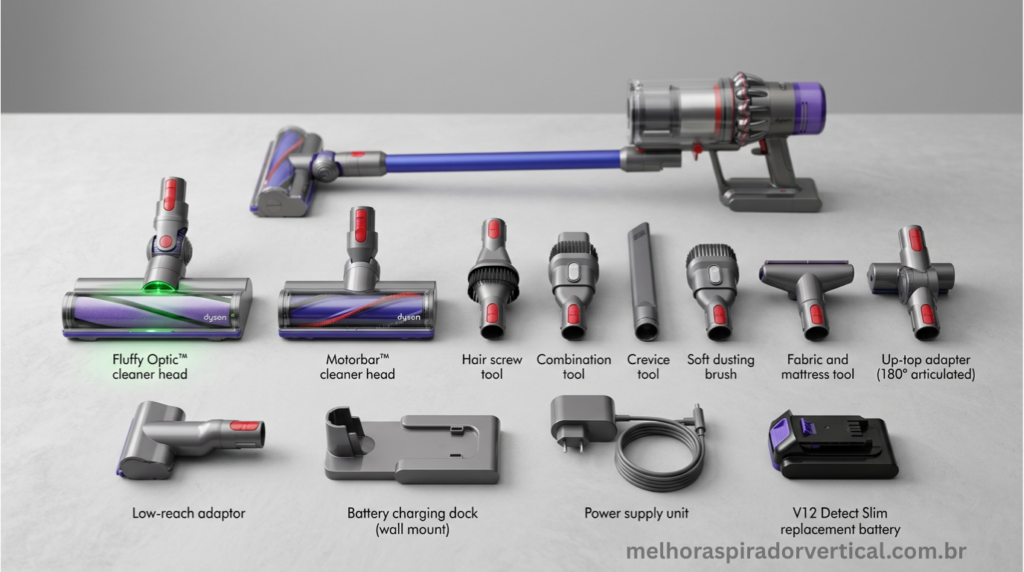 Kit completo de acessórios do Dyson V12 Detect Slim: cabeçote, bicos especializados, adaptadores e bateria