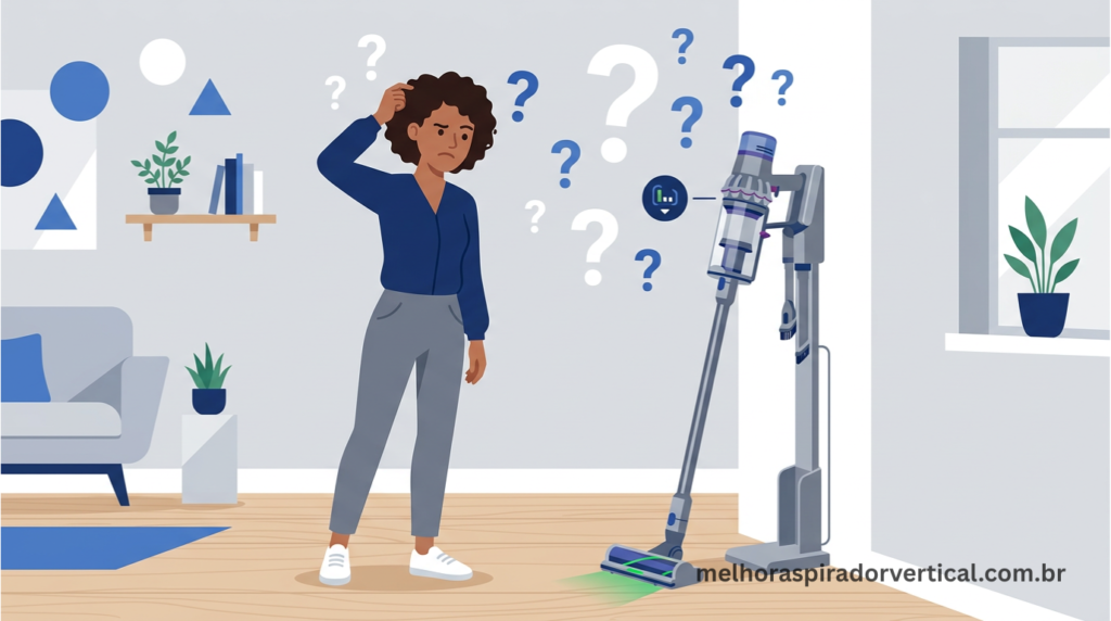 Ilustração de pessoa com dúvidas sobre o Dyson V12 Detect Slim - Seção de perguntas frequentes