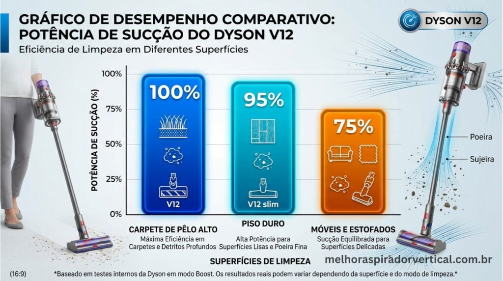 Gráfico comparativo da potência de sucção do Dyson V12 Detect Slim em diferentes superfícies: piso duro, carpete e móveis