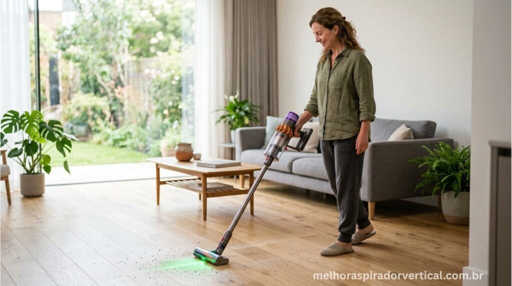 Pessoa utilizando o Dyson V12 Detect Slim para limpar piso de madeira em ambiente residencial moderno