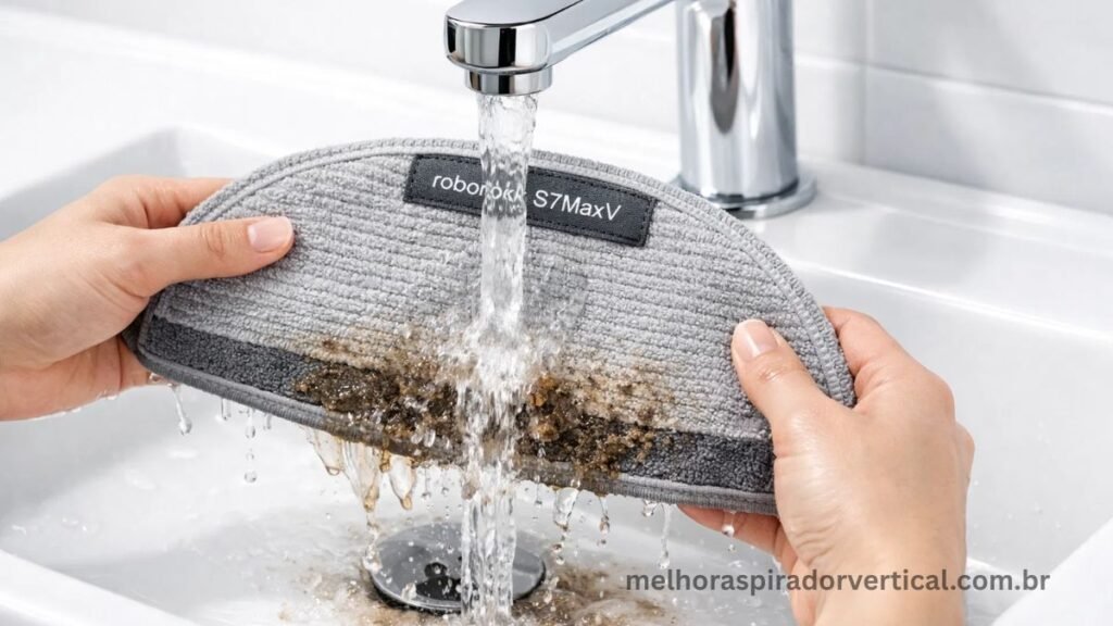 Mãos removendo e lavando o pano do esfregão do Roborock S7MaxV após sessão de limpeza, mostrando manutenção necessária