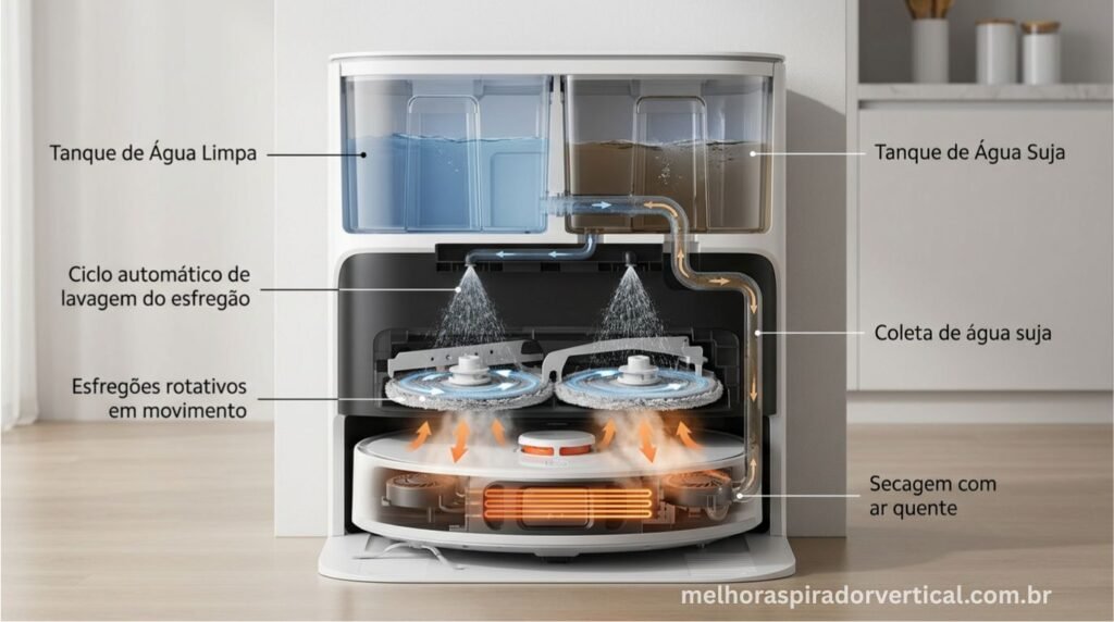 Xiaomi X20+ acoplado à estação base durante o ciclo automático de lavagem e secagem dos panos do esfregão giratório 