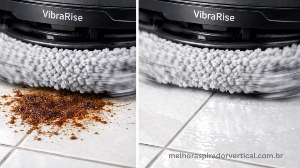 Close-up do esfregão sônico VibraRise do Roborock S7MaxV removendo mancha do piso com vibração de 3000 vezes por minuto