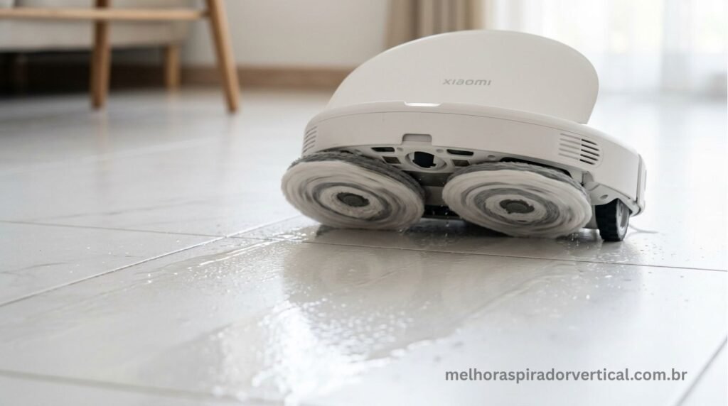 Detalhe dos dois panos giratórios do esfregão do Xiaomi X20+ em ação limpando piso de porcelanato com rotação visível 
