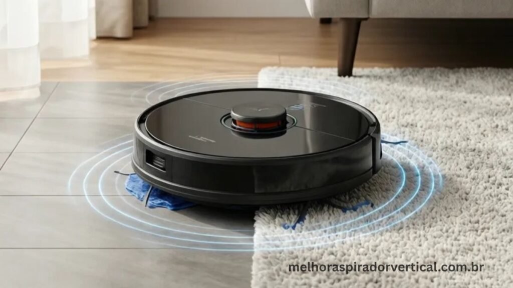 Roborock S7MaxV levantando automaticamente o esfregão ao detectar tapete, passando da limpeza úmida para aspiração seca